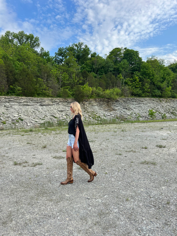 Boho Embroidered Longline Kimono - Black