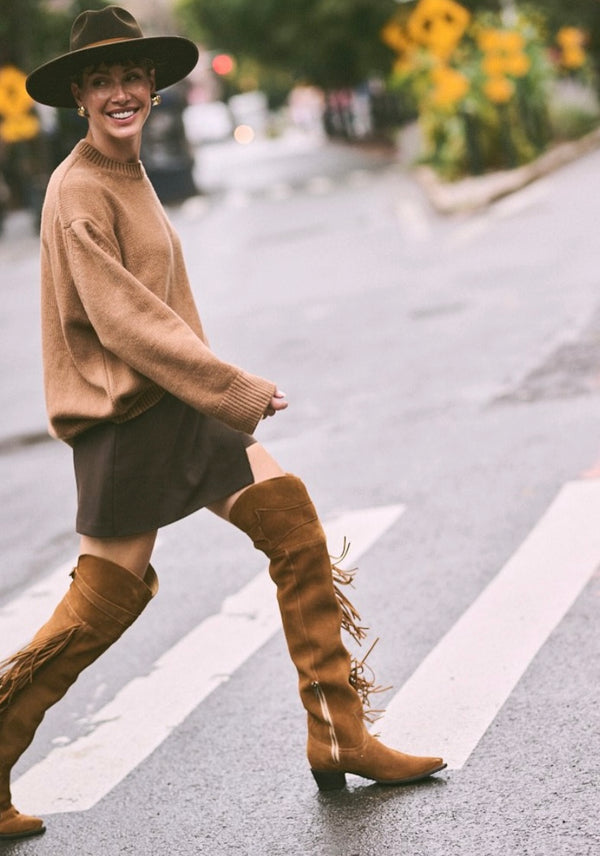 Stetson Women’s GLAM Over-The-Knee Fringe Boot - Brown Suede Vamp