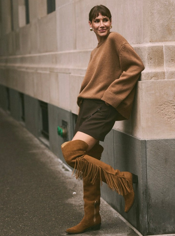 Stetson Women’s GLAM Over-The-Knee Fringe Boot - Brown Suede Vamp