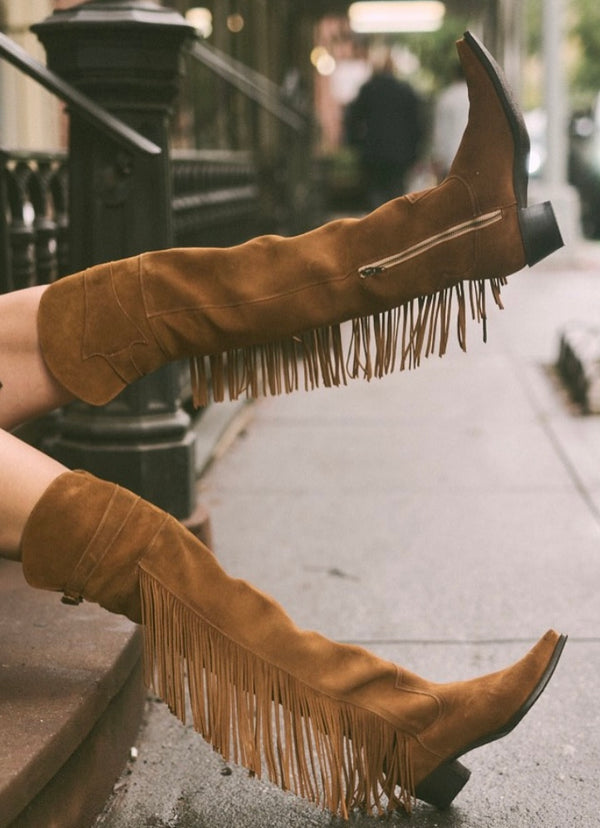 Stetson Women’s GLAM Over-The-Knee Fringe Boot - Brown Suede Vamp