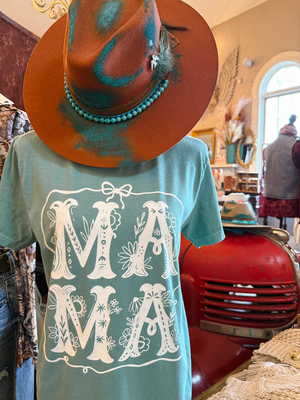 MAMA bow & flowers Graphic Tee - seafoam
