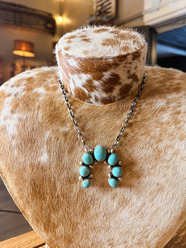 Navajo Handmade Squash Blossom Necklace - Kingman Turquoise