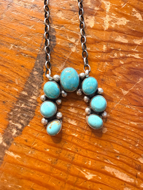 Navajo Handmade Squash Blossom Necklace - Kingman Turquoise