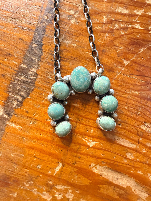Navajo Handmade Squash Blossom Necklace - Kingman Turquoise