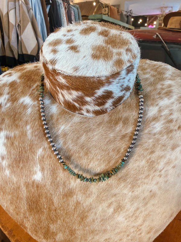 Sterling Silver Navajo Pearl & Green Turquoise Necklace - 16” Extender