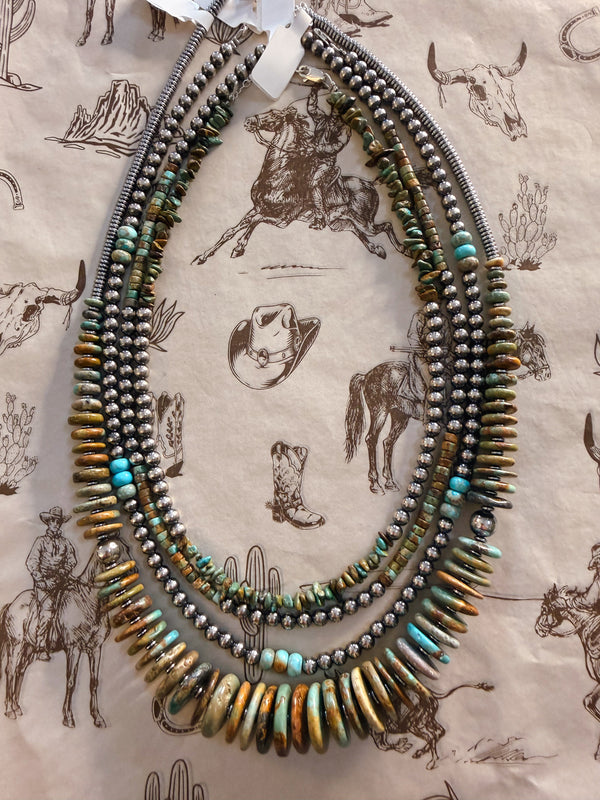 Sterling Silver Navajo Pearls & Green Turquoise Necklace - 19”