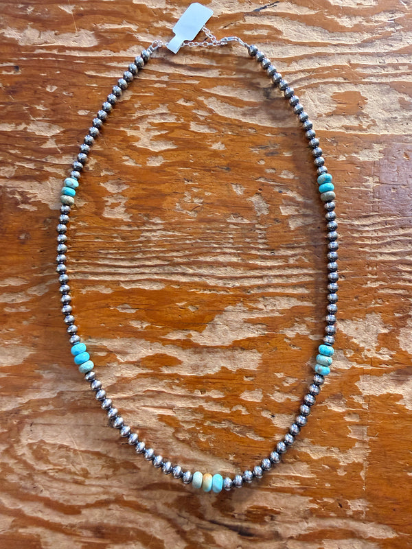Sterling Silver Navajo Pearls & Green Turquoise Necklace - 19”