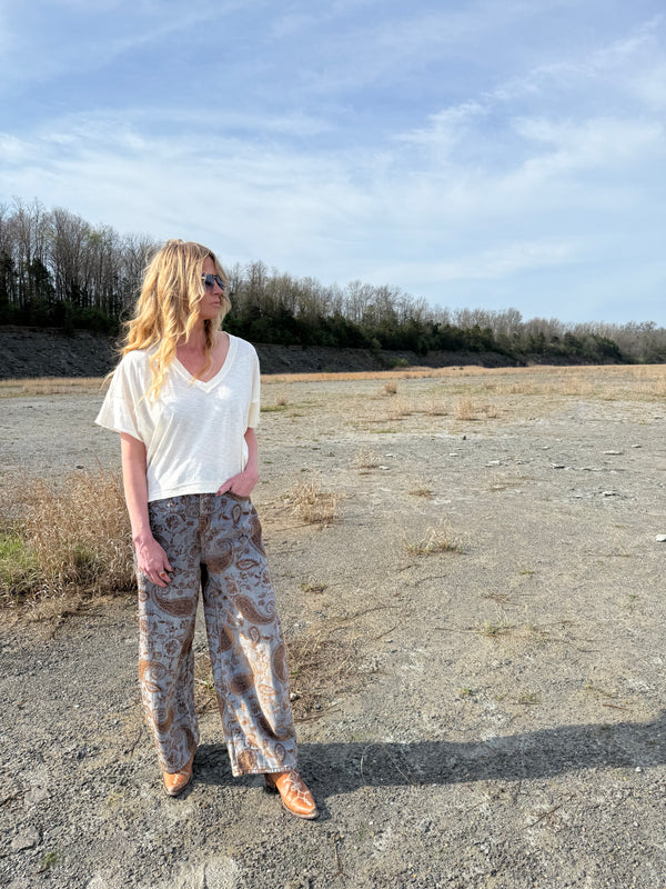 Vintage Wash Paisley Wide Barrel Leg Denim Pants
