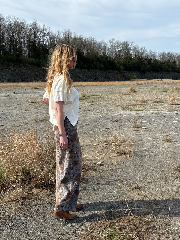 Vintage Wash Paisley Wide Barrel Leg Denim Pants