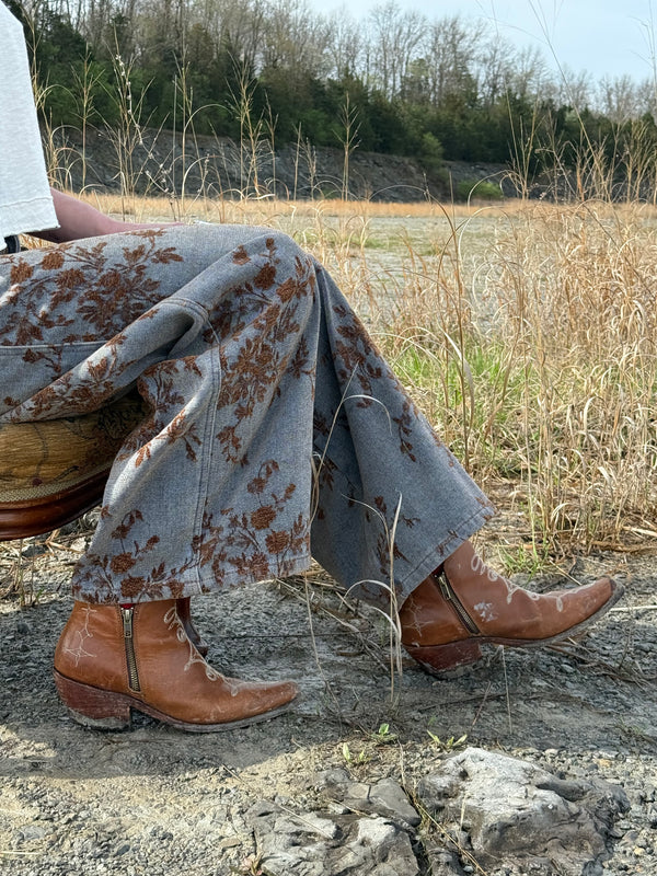 Vintage Wash Floral Jacquard Wide Leg Denim Pants