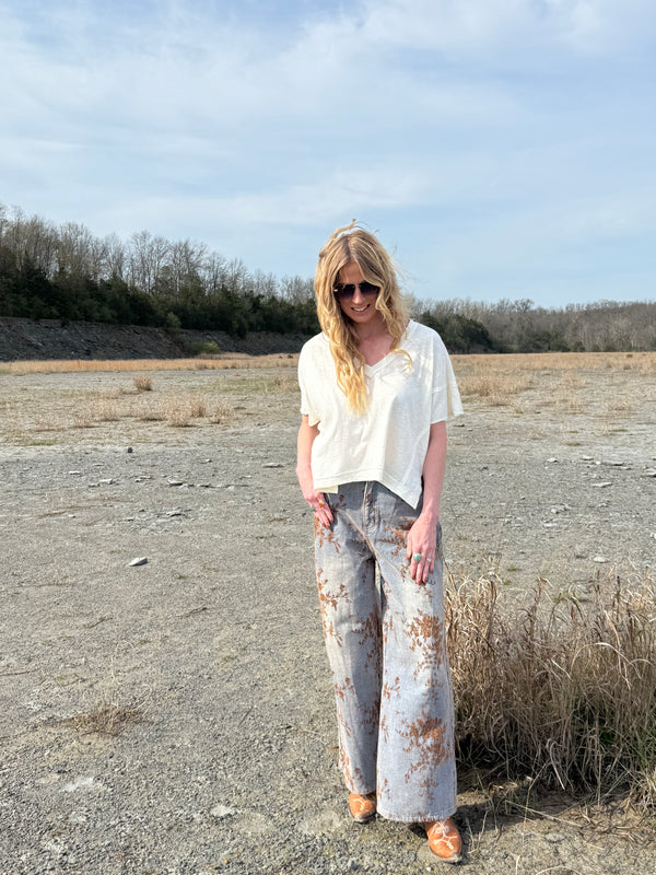 Vintage Wash Floral Jacquard Wide Leg Denim Pants