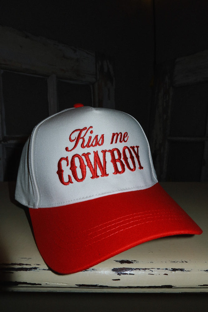 kiss me COWBOY Embroidered Hat - cream/red