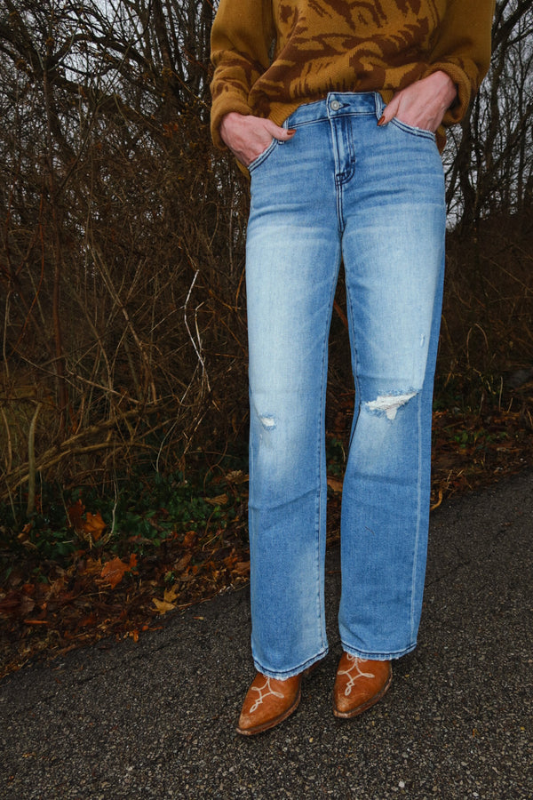 Hidden Medium Wash Mid Rise Distressed 33” Inseam Dad Jean - LOGAN