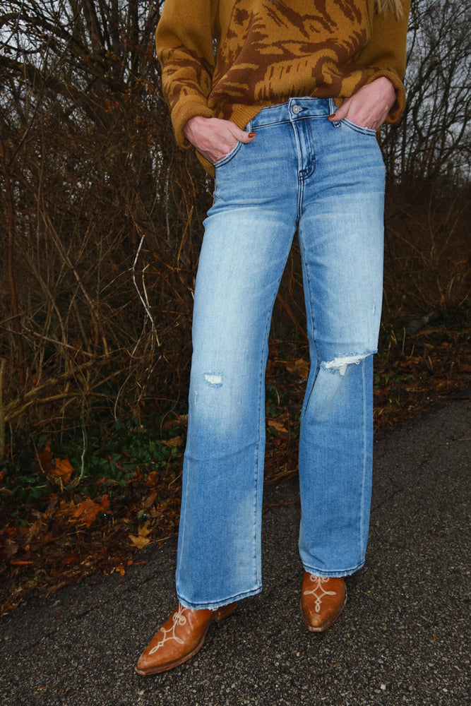 Hidden Medium Wash Mid Rise Distressed 33” Inseam Dad Jean - LOGAN