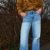 Hidden Medium Wash Mid Rise Distressed 33” Inseam Dad Jean - LOGAN