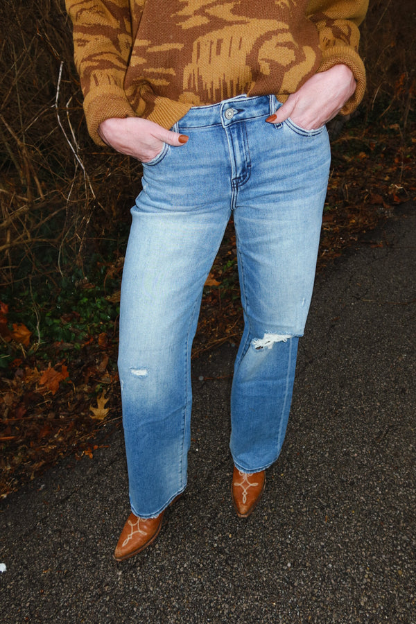 Hidden Medium Wash Mid Rise Distressed 33” Inseam Dad Jean - LOGAN