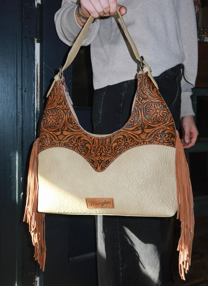 Wrangler Fringe Floral Tooled Hobo Bag - brown
