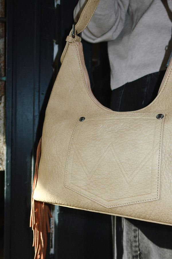 Wrangler Fringe Floral Tooled Hobo Bag - brown