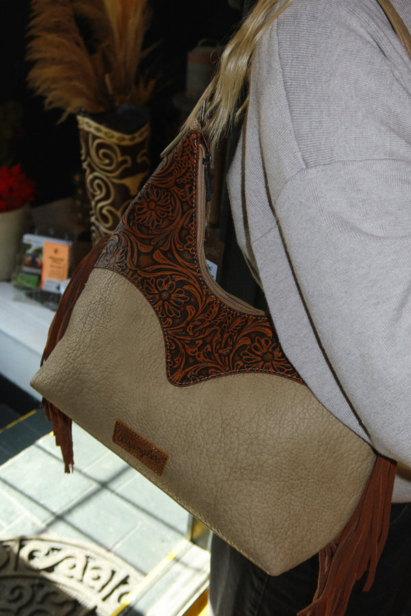 Wrangler Fringe Floral Tooled Hobo Bag - brown