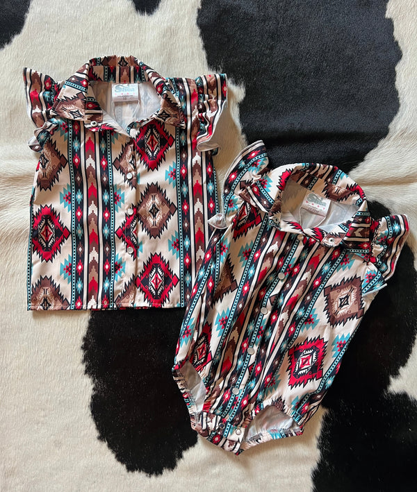 Little Girls Aztec Print Pearl Snap