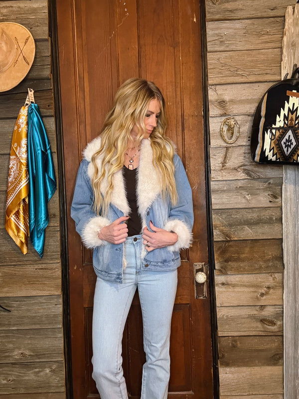 Blue B Denim Jacket with Faux Fur Trim
