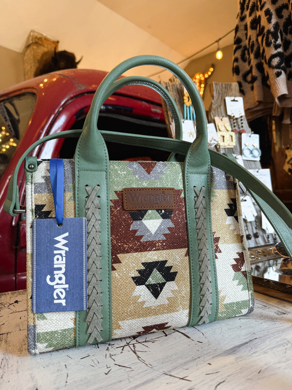 Wrangler Southwestern Pattern Dual Sided Print-Tote/Crossbody with Jean Pocket