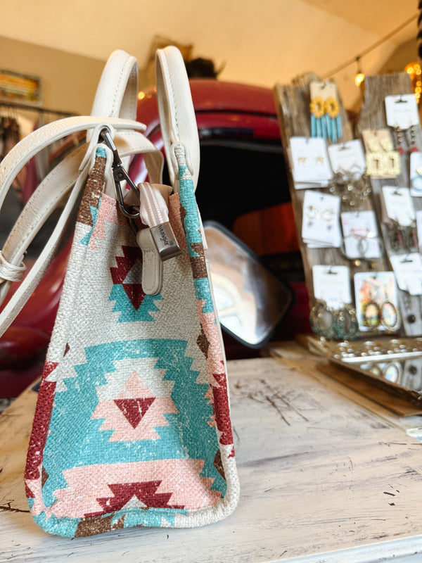Wrangler Southwestern Pattern Dual Sided Print-Tote/Crossbody with Jean Pocket