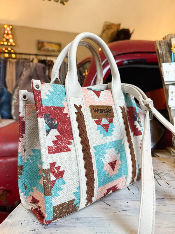 Wrangler Southwestern Pattern Dual Sided Print-Tote/Crossbody with Jean Pocket