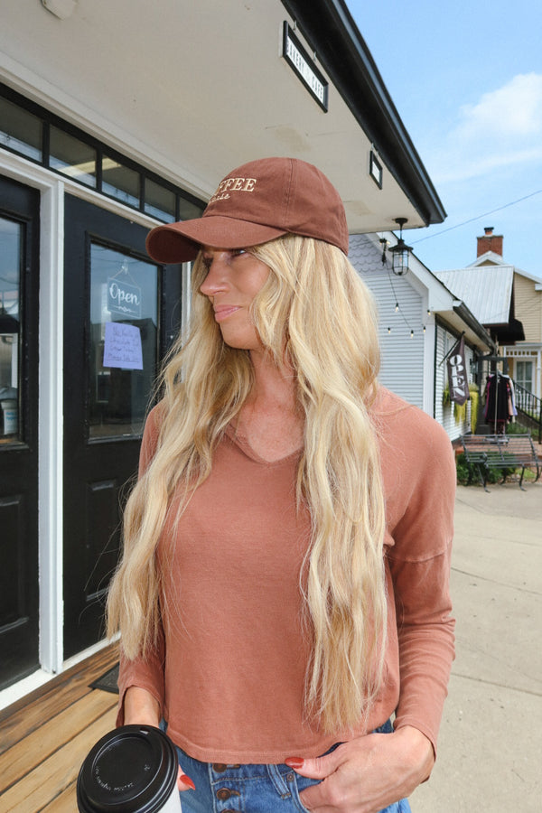 COFFEE please Embroidered Hat - brown