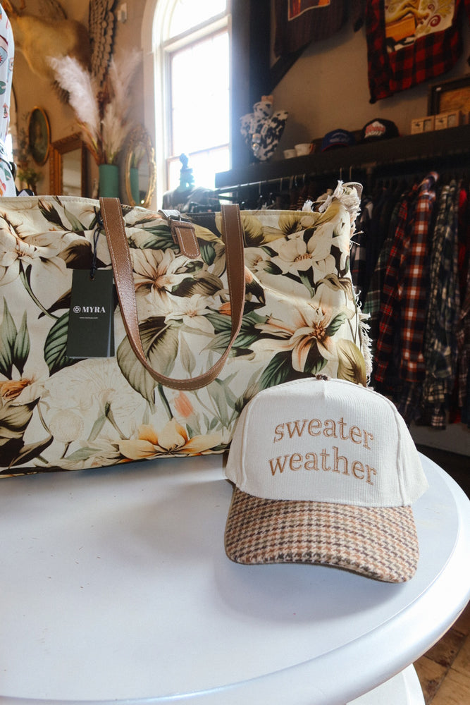 Sweater Weather Embroidered Hat - cream/houndstooth