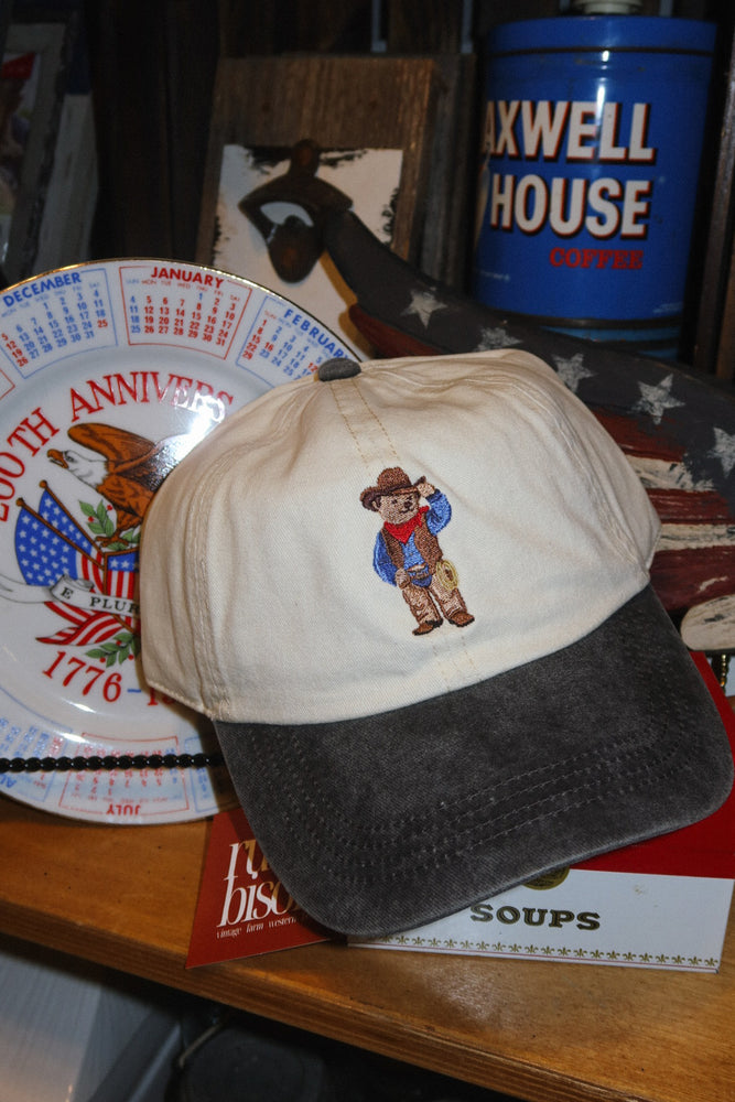Cowboy Teddy bear Embroidered Hat - cream/grey denim