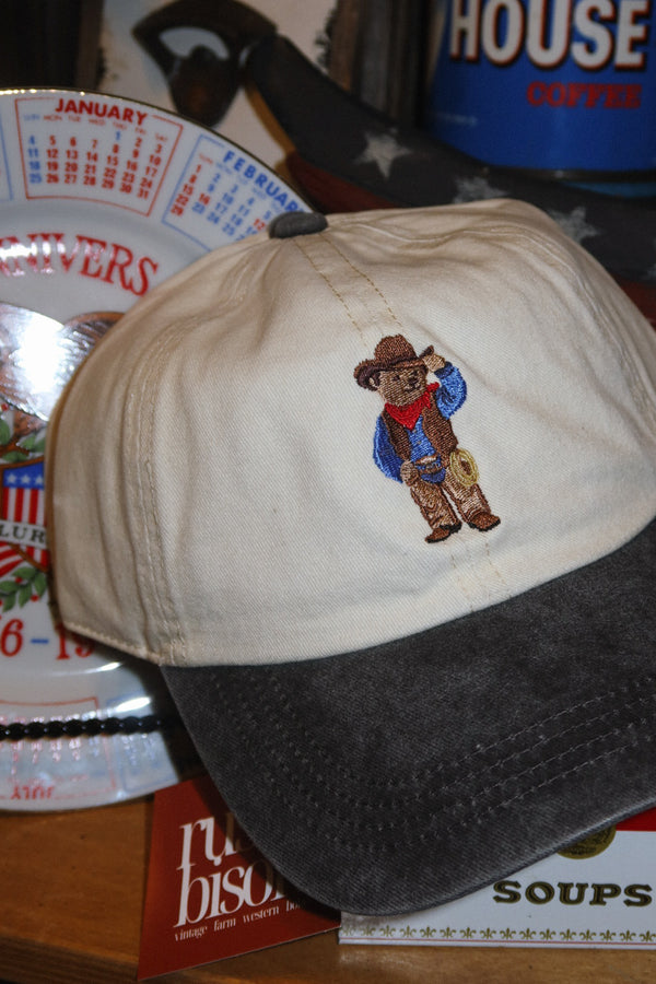 Cowboy Teddy bear Embroidered Hat - cream/grey denim