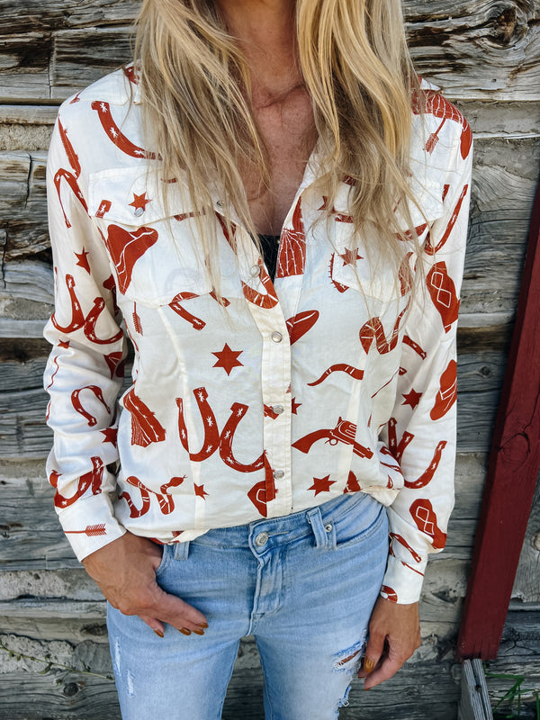 Cotton & Rye Snake and Boot Print Long Sleeve Pearl Snap Western Shirt