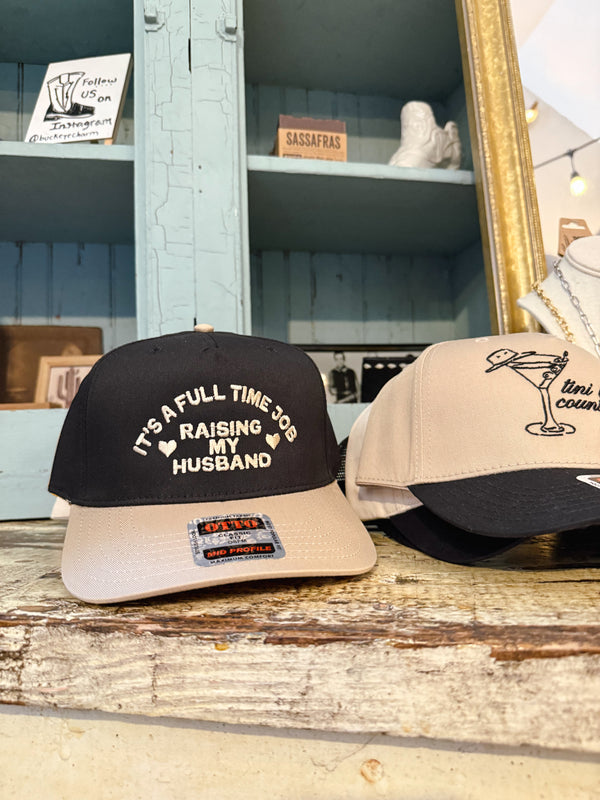 It's A Full Time Job Raising My Husband Embroidered Baseball Hat - black/tan
