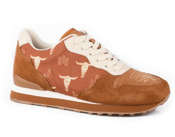 Roper Giddyup Longhorn - COGNAC COW SUEDE AND PRINTED CANVAS,  LACE UP JOGGER