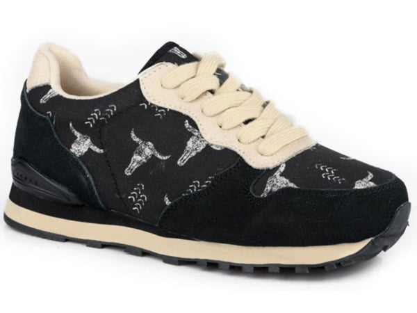 Giddyup Longhorn - BLACK COW SUEDE AND PRINTED CANVAS,  LACE UP JOGGER
