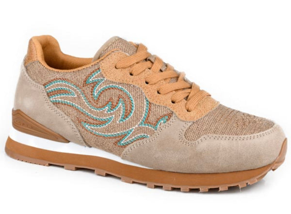 Roper Giddyup Spice - BEIGE COW SUEDE AND WESTERN STITCH, LACE UP JOGGER