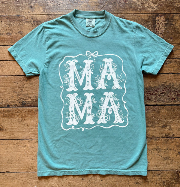 MAMA bow & flowers Graphic Tee - seafoam
