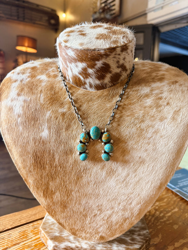 Navajo Handmade Squash Blossom Necklace - Kingman Turquoise