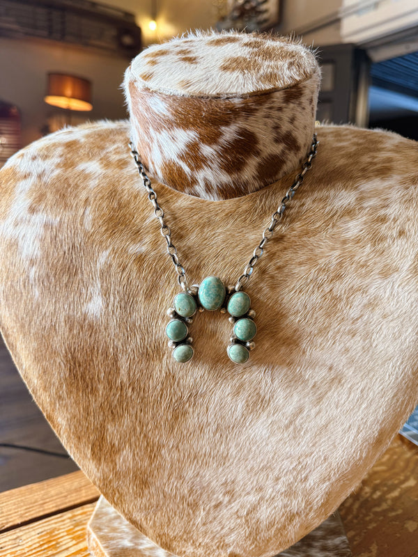 Navajo Handmade Squash Blossom Necklace - Kingman Turquoise