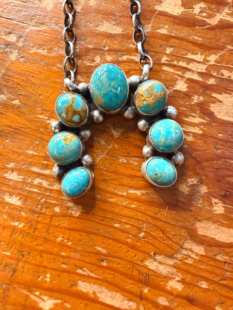 Navajo Handmade Squash Blossom Necklace - Kingman Turquoise