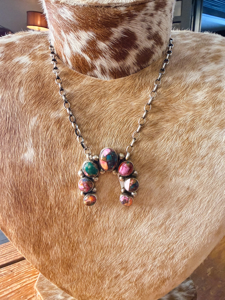 Navajo Handmade Squash Blossom Necklace - Pink Dahlia