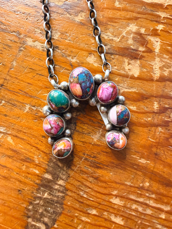 Navajo Handmade Squash Blossom Necklace - Pink Dahlia