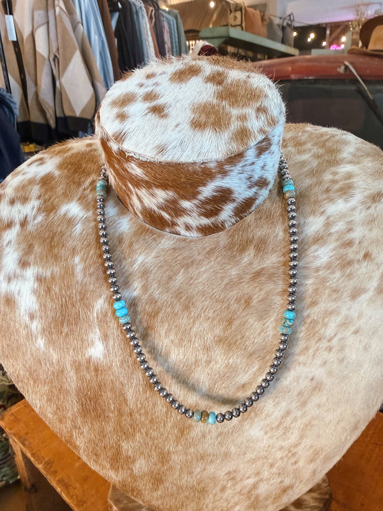 Sterling Silver Navajo Pearls & Green Turquoise Necklace - 19”