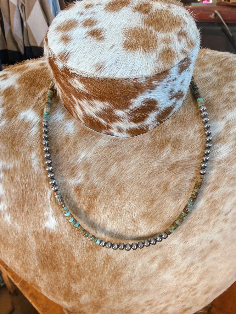 Sterling Silver Pearl & Green Heishi Turquoise Necklace - 19”