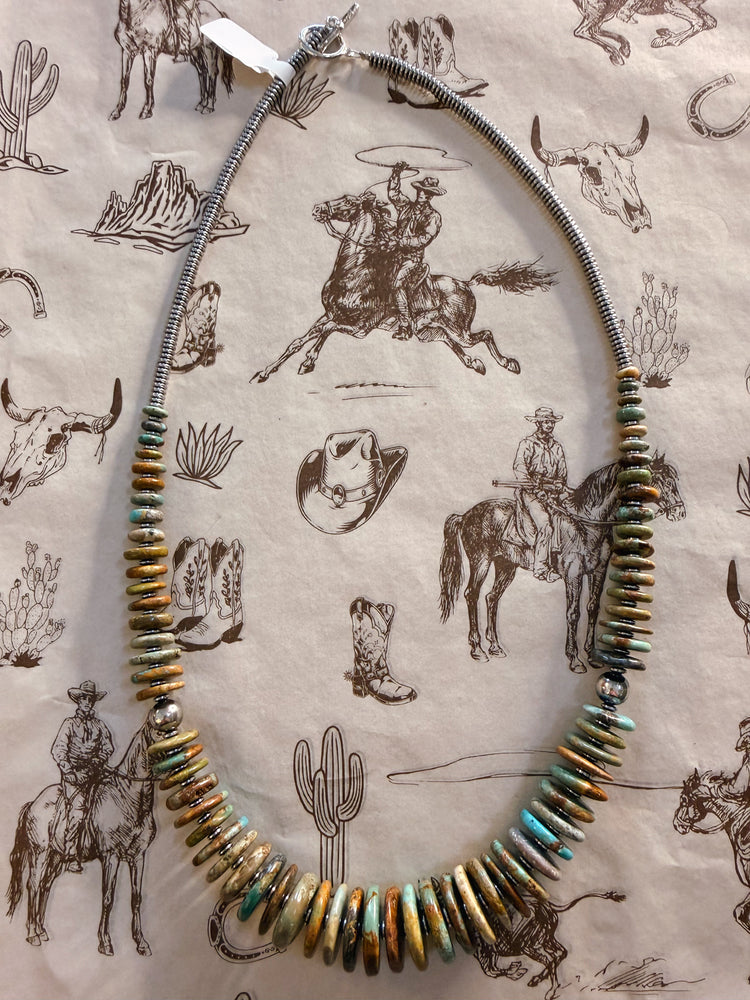 Green Turquoise Graduated Necklace with Sterling Silver Navajo Pearls & Hematite - 23"