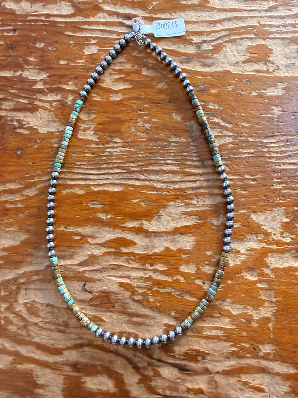 Sterling Silver Pearl & Green Heishi Turquoise Necklace - 19”