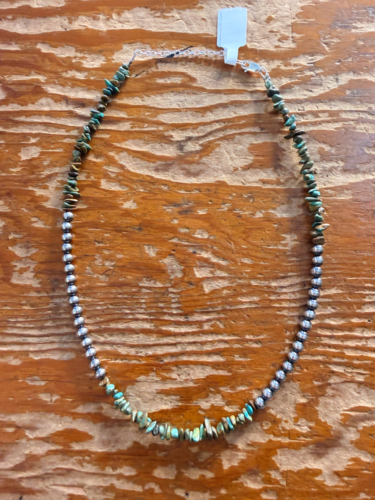 Sterling Silver Navajo Pearl & Green Turquoise Necklace - 16” Extender