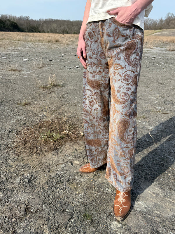 Vintage Wash Paisley Wide Barrel Leg Denim Pants