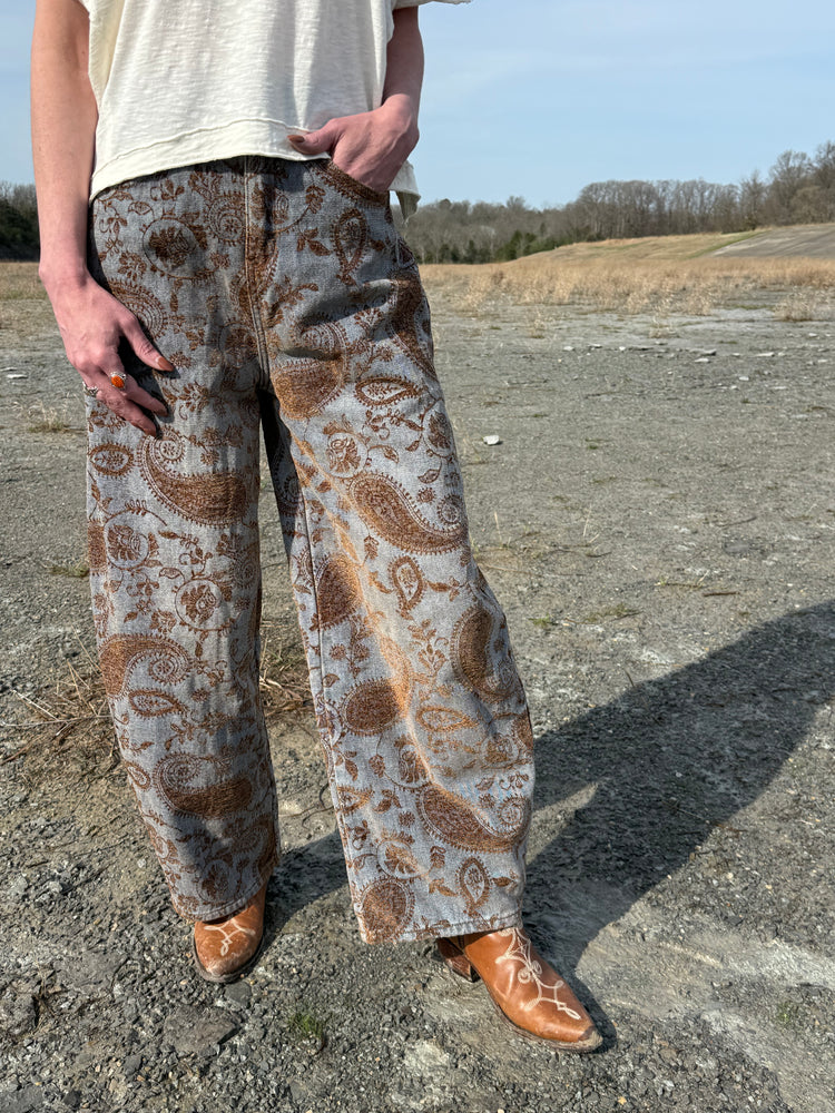 Vintage Wash Paisley Wide Barrel Leg Denim Pants